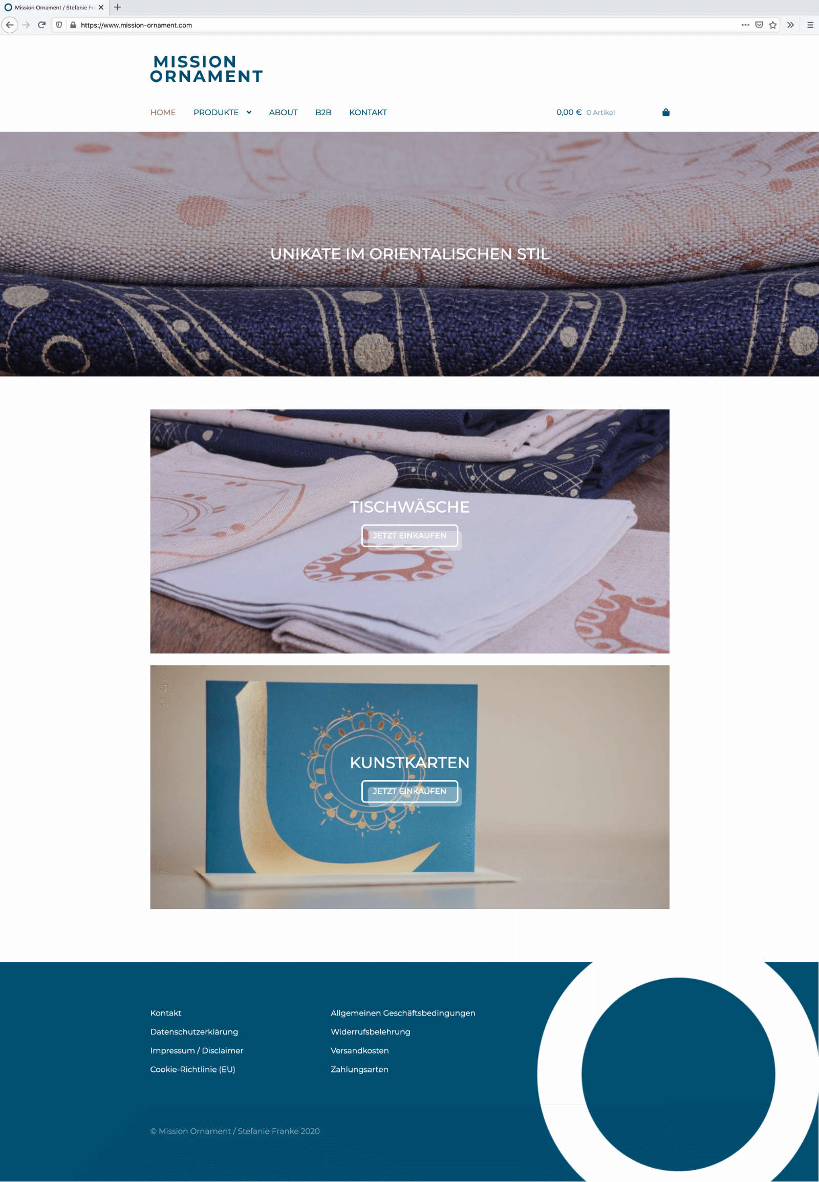 Index Seite des Online-Shops Mission Ornament